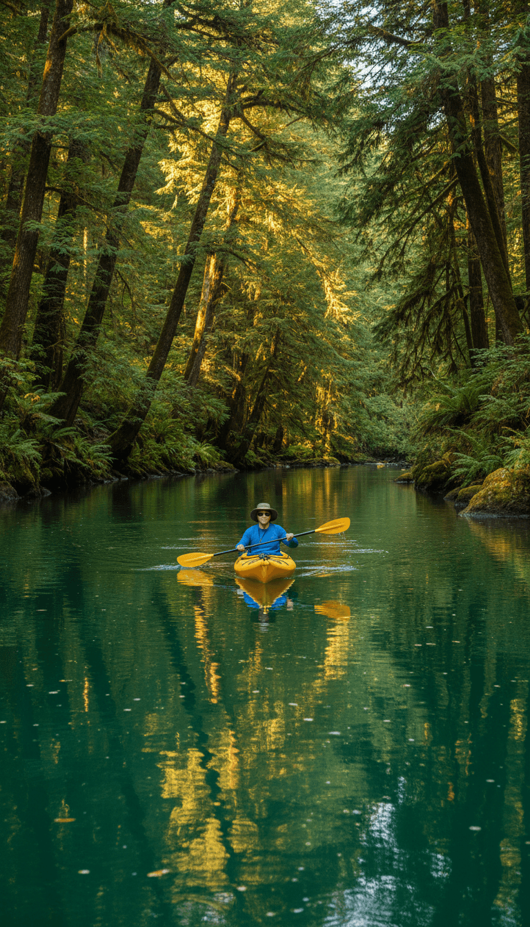 Kayaker paddling through a calm river