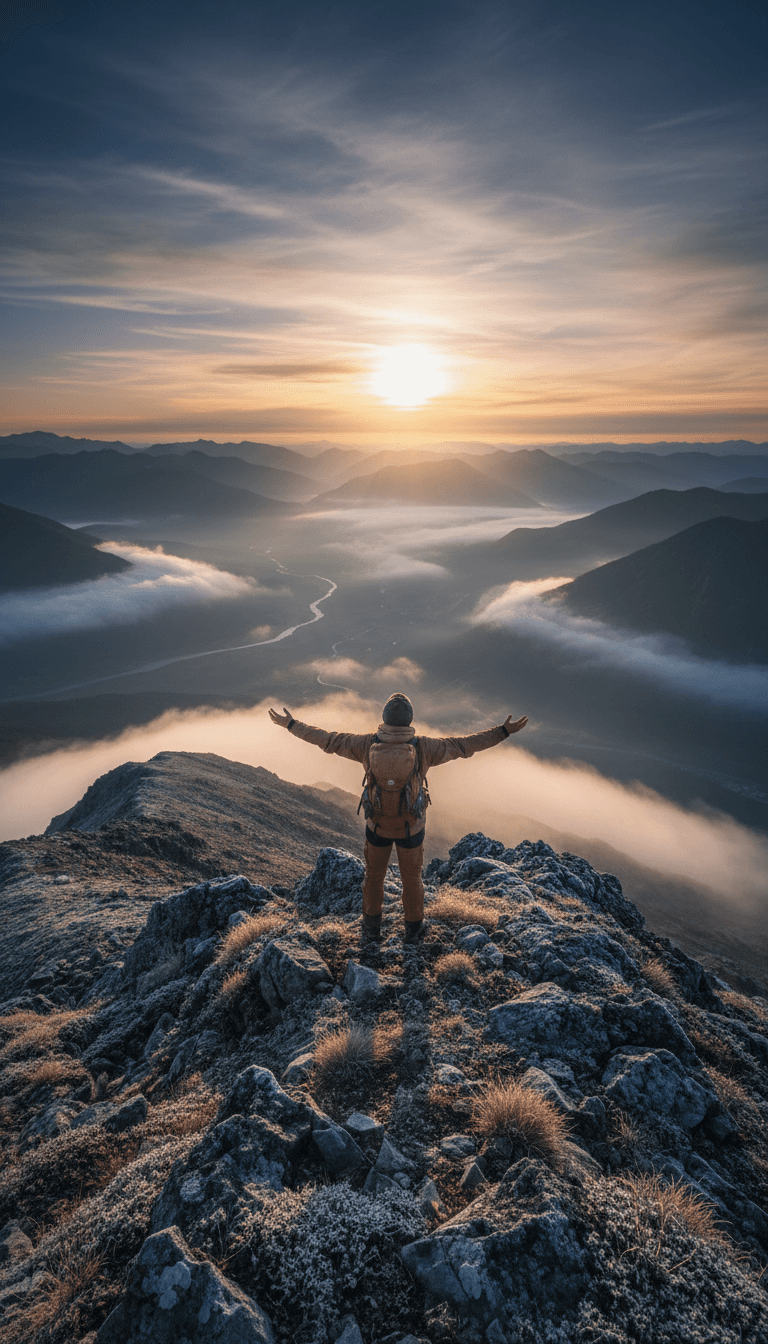 Hiker on a mountain summit looking at a valley
