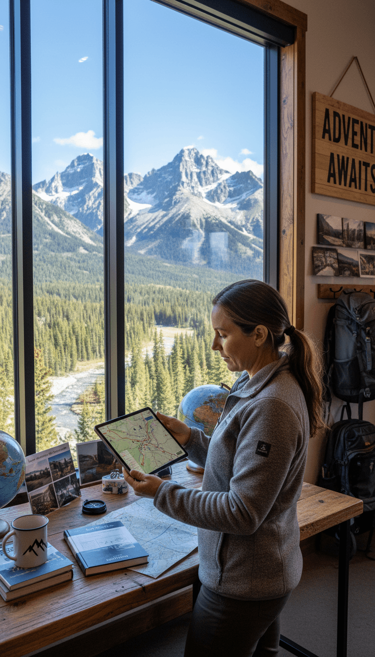tour operator with tablet near sunlit window overlooking mountains