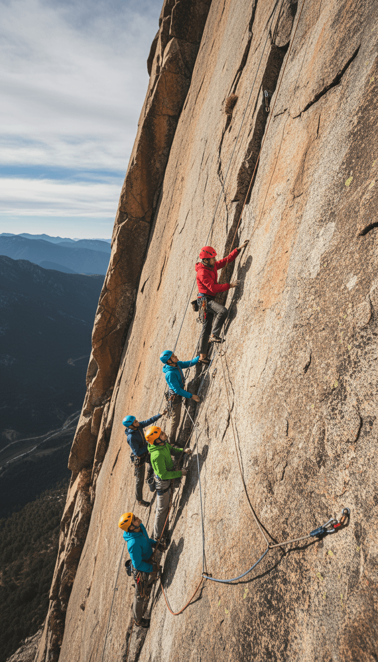 Group of people rock climbing a cliff face