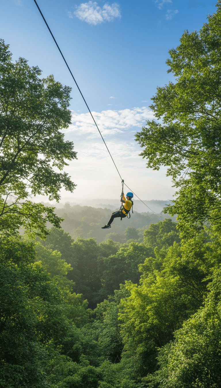 Person zip lining through a forest canopy