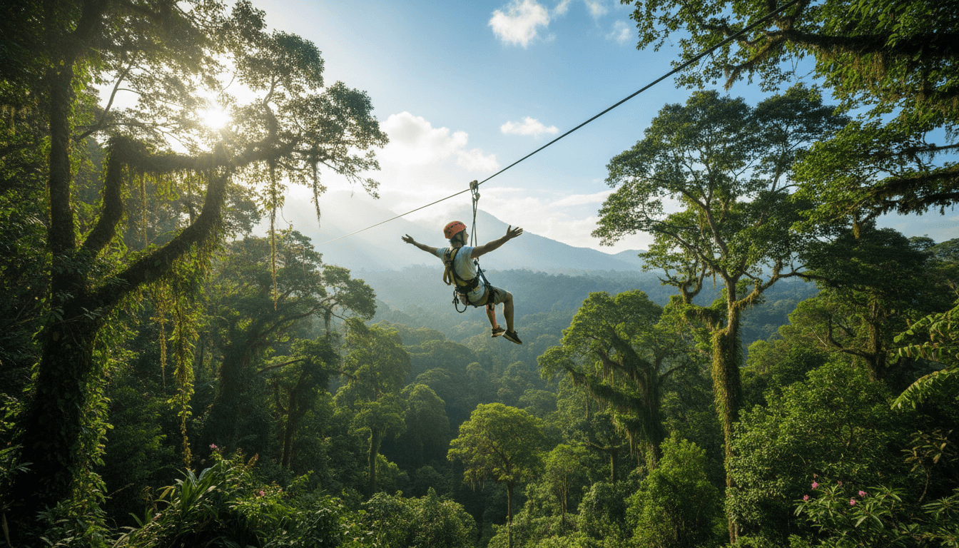 Person zip lining through green forest canopy in bright daylight