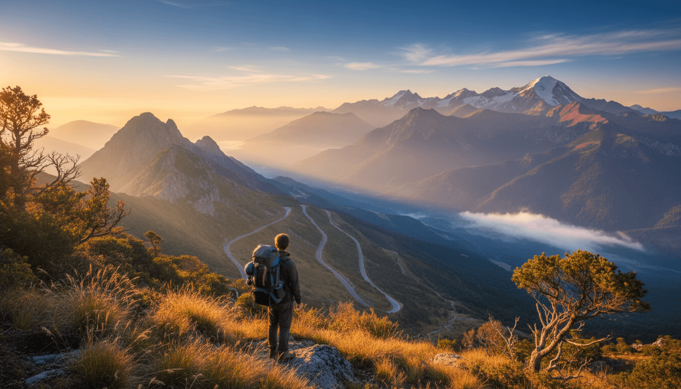 Person standing on a cliff edge looking out at a panoramic mountain view