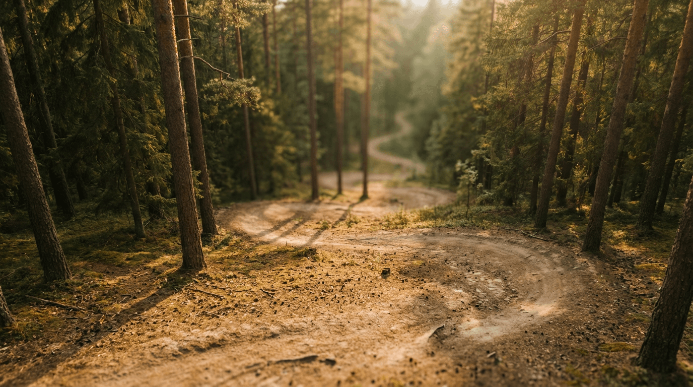 Cyclist navigating a forest trail with dappled sunlight and dirt path