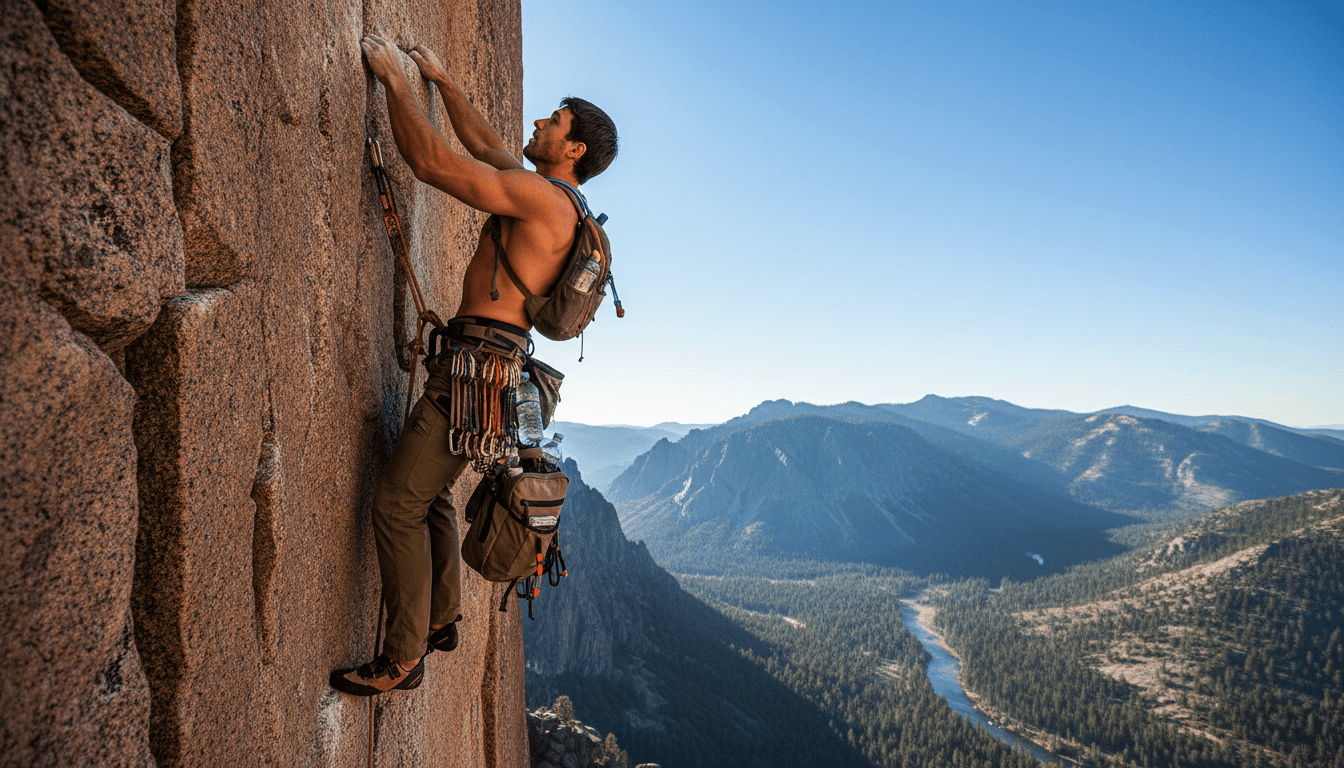 Climber in helmet and harness ascending a steep rock wall