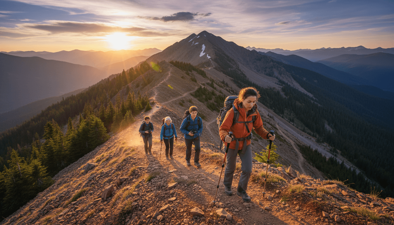 Group of hikers on a rocky mountain trail with expansive valley and blue sky
